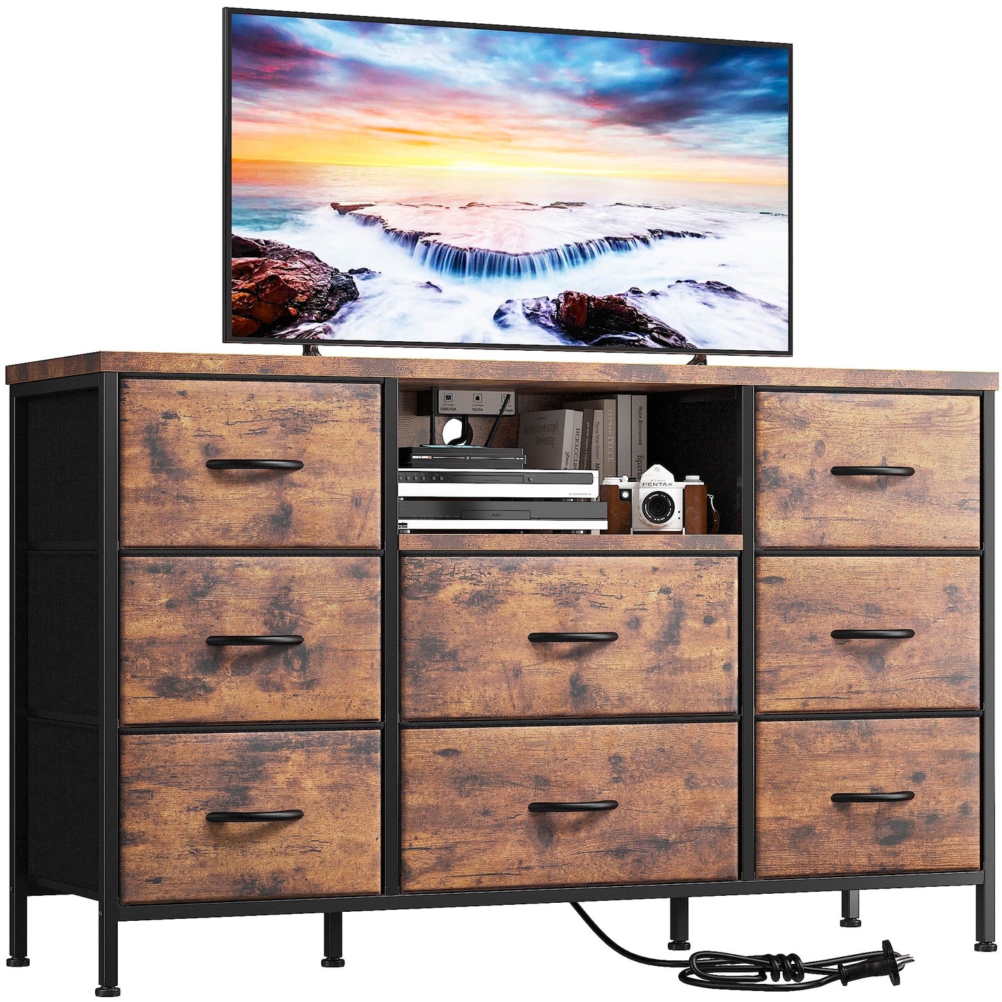 EnHomee 8 Drawers Dresser TV Stand with Outlet TV Stand Wide Dresser & Chests of Drawers Fabric Dressers TV Console Storage Unit for Living Room/Bedroom Furniture, Rustic Brown