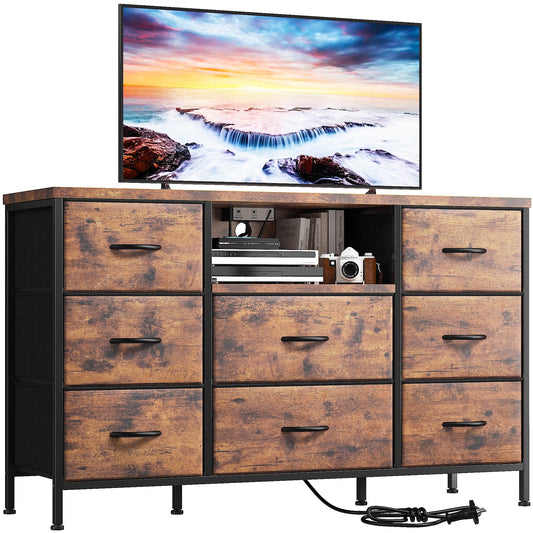 EnHomee 8 Drawers Dresser TV Stand with Outlet TV Stand Wide Dresser & Chests of Drawers Fabric Dressers TV Console Storage Unit for Living Room/Bedroom Furniture, Rustic Brown