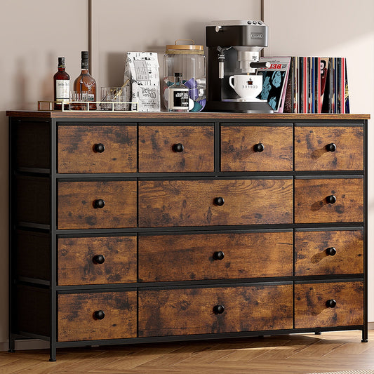 EnHomee Dresser TV Stand Wide Dresser for Bedroom with 13 Drawers Long Dresser & Chest of Drawers Fabric Drawer Dresser for Living Room Closet Entryway, Rustic Brown