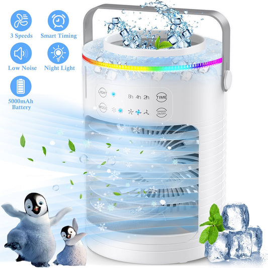 Portable Air Conditioner. Rechargeable Personal Cordless Air Cooler Quiet Desk Fan with 3 Speeds Small Air Conditioner Fan Mini Evaporative Cooler for Small Room Office Dorm and Outdoor (White)