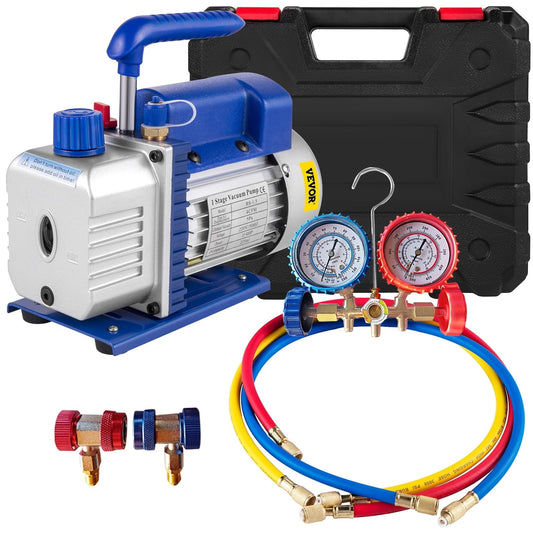 VEVOR Vacuum Pump 4CFM 1/4HP Air Vacuum Pump HVAC A/C Air Refrigerant Rotary Vane Vacuum Pump Single Stage 1 Valve AC Manifold Gauge Set (4CFM 1-Stage)